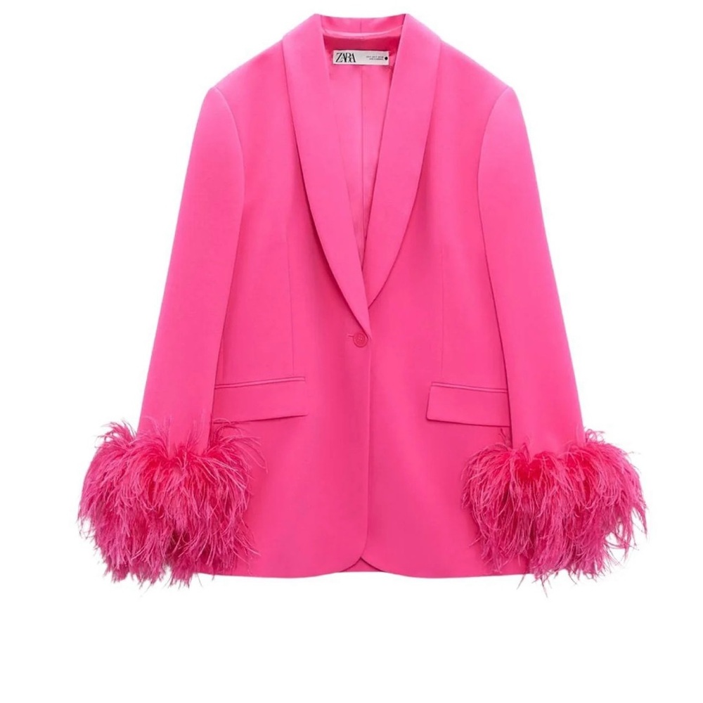 Zara NWT pink feather trim blazer size XL